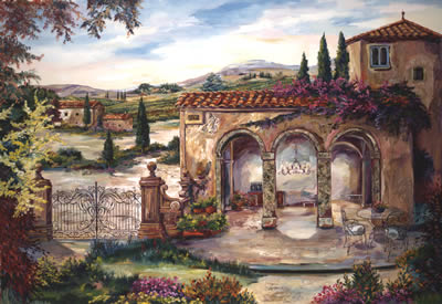 Warm Tuscan villa, flowers, colorful, roman cypress, vineyard, terrace, roman, italian 